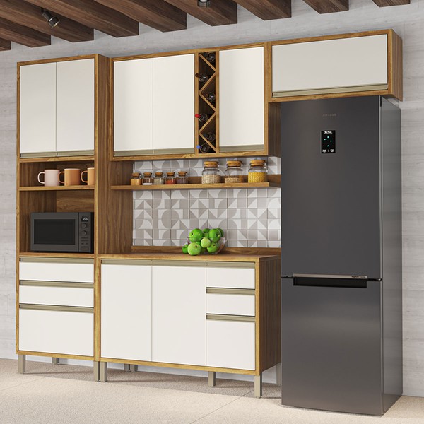 Armário de Cozinha Modulada com Balcão e Tampo 9 Portas 5 Gavetas Pérola 100% Mdf Amêndoa/Off White - Pnr Móveis