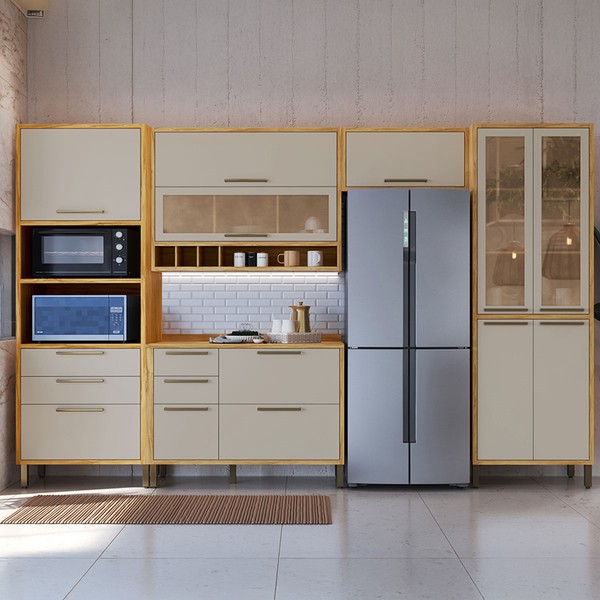 Armário de Cozinha com Balcão e Tampo 11 Portas 5 Gavetas Pérola 100% Mdf Vidro Reflecta Amêndoa/Off White - Pnr Móveis