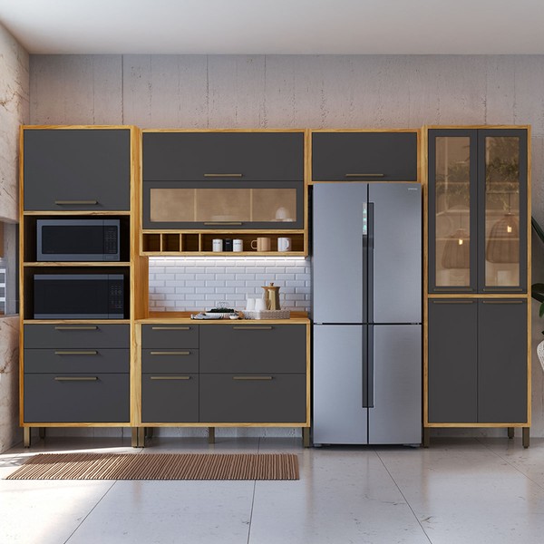 Armário de Cozinha Modulada com Balcão e Tampo 11 Portas 5 Gavetas ágata 100% Mdf Vidro Reflecta Amêndoa/Chumbo - Pnr Móveis