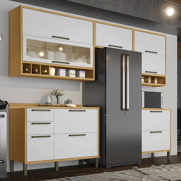 Armário de Cozinha Modulada com Balcão e Tampo 8 Portas 4 Gavetas ágata 100% Mdf Vidro Reflecta Amêndoa/Branco - Pnr Móveis