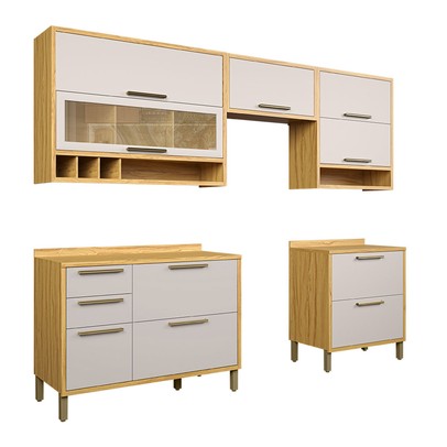 Armário de Cozinha Modulada com Balcão e Tampo 8 Portas 4 Gavetas ágata 100% Mdf Vidro Reflecta Amêndoa/Off White - Pnr Móveis