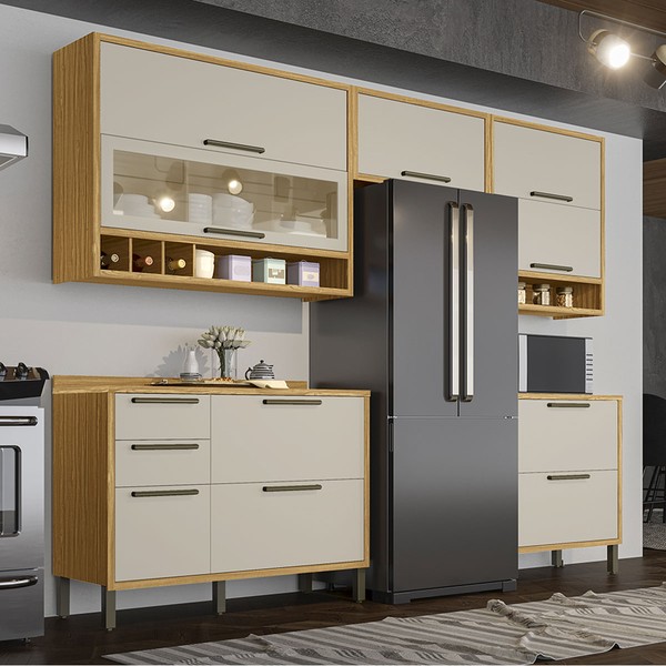 Armário de Cozinha com Balcão e Tampo 8 Portas 4 Gavetas Pérola 100% Mdf Vidro Reflecta Amêndoa/Off White - Pnr Móveis