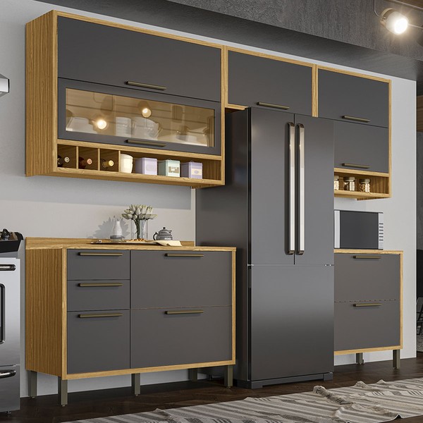 Armário de Cozinha com Balcão e Tampo 8 Portas 4 Gavetas Pérola 100% Mdf Vidro Reflecta Amêndoa/Chumbo - Pnr Móveis