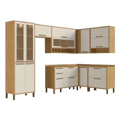 Armário de Cozinha Modulada Canto com Balcão e Tampo 14 Portas 4 Gavetas ágata 100% Mdf Vidro Reflecta Amêndoa/White - Pnr Móveis