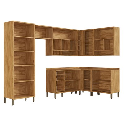 Armário de Cozinha Canto com Balcão e Tampo 14 Portas 4 Gavetas Pérola 100% Mdf Vidro Reflecta Amêndoa/White - Pnr Móveis