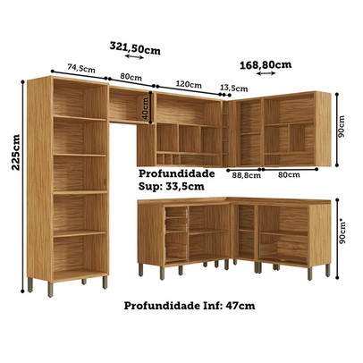 Armário de Cozinha Canto com Balcão e Tampo 14 Portas 4 Gavetas Pérola 100% Mdf Vidro Reflecta Amêndoa/White - Pnr Móveis