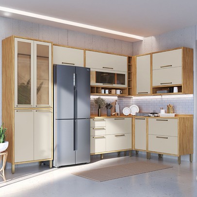 Armário de Cozinha Canto com Balcão e Tampo 14 Portas 4 Gavetas Pérola 100% Mdf Vidro Reflecta Amêndoa/White - Pnr Móveis