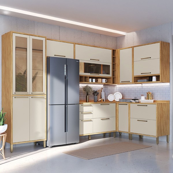 Armário de Cozinha Canto com Balcão e Tampo 14 Portas 4 Gavetas Pérola 100% Mdf Vidro Reflecta Amêndoa/White - Pnr Móveis