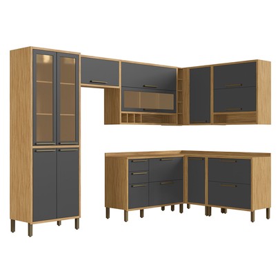 Armário de Cozinha Modulada Canto com Balcão e Tampo 14 Portas 4 Gavetas ágata 100% Mdf Vidro Reflecta Amêndoa/Chumbo - Pnr Móveis