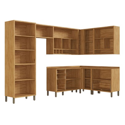 Armário de Cozinha Modulada Canto com Balcão e Tampo 14 Portas 4 Gavetas ágata 100% Mdf Vidro Reflecta Amêndoa/Chumbo - Pnr Móveis