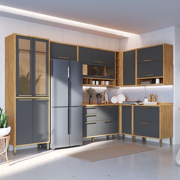 Armário de Cozinha Modulada Canto com Balcão e Tampo 14 Portas 4 Gavetas ágata 100% Mdf Vidro Reflecta Amêndoa/Chumbo - Pnr Móveis