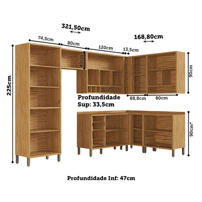 Armário de Cozinha Canto com Balcão e Tampo 14 Portas 4 Gavetas Pérola 100% Mdf Vidro Reflecta Amêndoa/Chumbo - Pnr Móveis