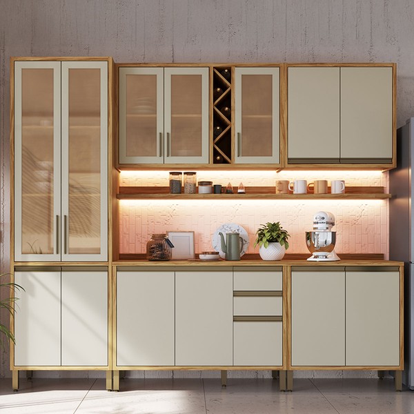 Armário de Cozinha Modulada com Balcão e Tampo 13 Portas 3 Gavetas Pérola Premium 100% Mdf Vidro Reflecta Amêndoa/Off White - Pnr Móveis