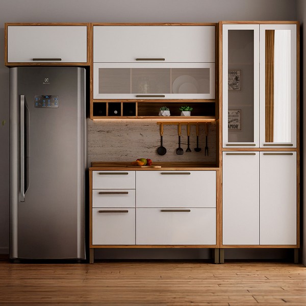 Armário de Cozinha com Balcão e Tampo 9 Portas 3 Gavetas Pérola 100% Mdf Vidro Reflecta Amêndoa/Branco - Pnr Móveis