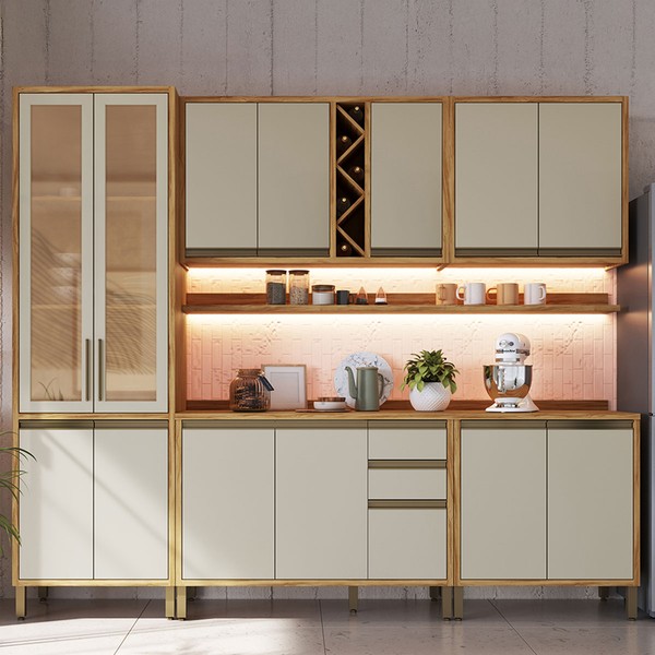 Armário de Cozinha com Balcão e Tampo 13 Portas 3 Gavetas Pérola Plus com Prateleiras 100% Mdf Vidro Reflecta Amêndoa/Off White - Pnr Móveis