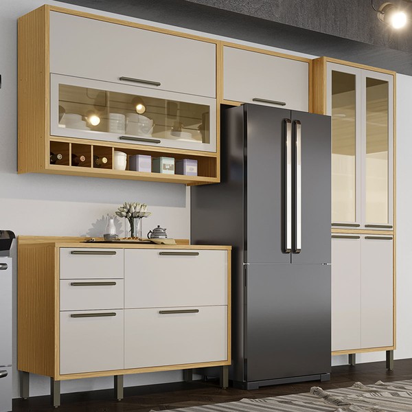 Armário de Cozinha Modulada com Balcão e Tampo 9 Portas 3 Gavetas ágata 100% Mdf Vidro Reflecta Amêndoa/Off White - Pnr Móveis
