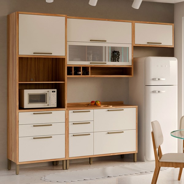 Armário de Cozinha com Balcão e Tampo 7 Portas 5 Gavetas Pérola 100% Mdf Vidro Reflecta Amêndoa/Branco - Pnr Móveis