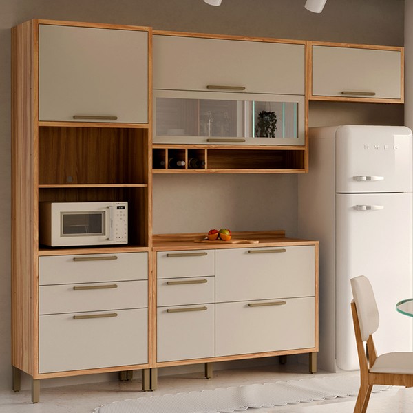 Armário de Cozinha Modulada com Balcão e Tampo 7 Portas 5 Gavetas ágata 100% Mdf Vidro Reflecta Amêndoa/Off White - Pnr Móveis