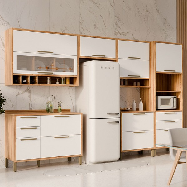 Armário de Cozinha com Balcão e Tampo 10 Portas 6 Gavetas Pérola 100% Mdf Vidro Reflecta Amêndoa/Branco - Pnr Móveis