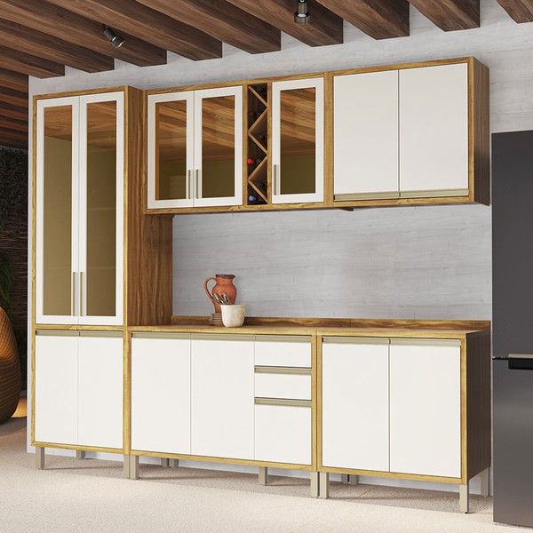 Armário de Cozinha com Balcão e Tampo 13 Portas 3 Gavetas Pérola Premium 100% Mdf Vidro Reflecta Amêndoa/Off White - Pnr Móveis