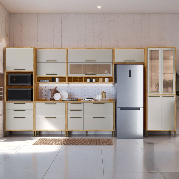 Armário de Cozinha Modulada com Balcão e Tampo 14 Portas 6 Gavetas ágata 100% Mdf Vidro Reflecta Amêndoa/Off White - Pnr Móveis