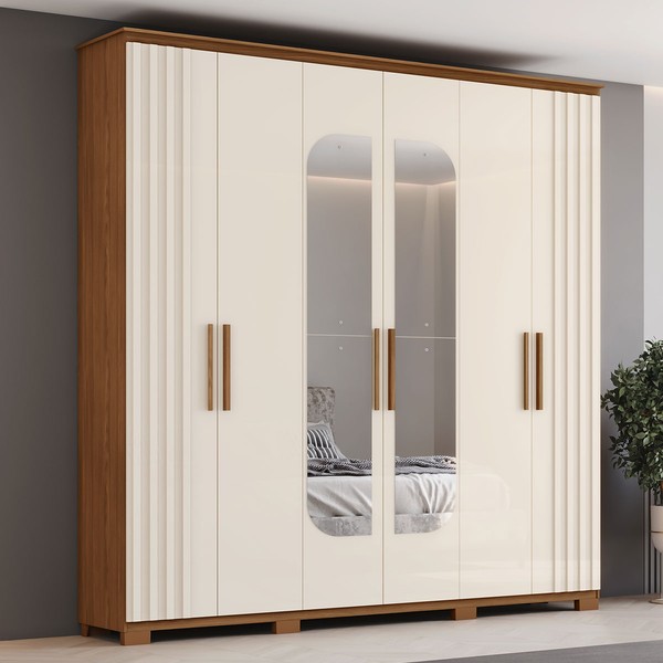 Guarda-Roupa Casal ávila 6 Portas 4 Gavetas com Espelho Nature/Off White - Henn