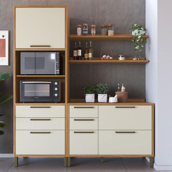 Armário de Cozinha Modulada com Balcão e Tampo 4 Portas 5 Gavetas ágata 100% Mdf Vidro Reflecta Amêndoa/Off White - Pnr Móveis