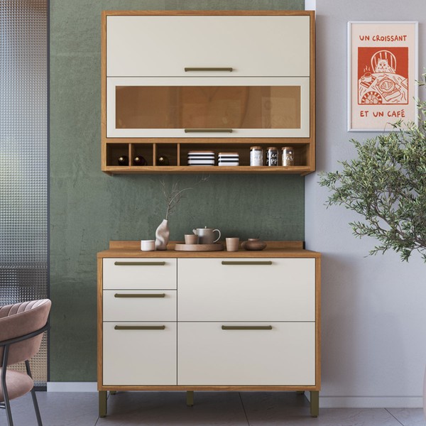 Armário de Cozinha Modulada com Balcão e Tampo 4 Portas 3 Gavetas ágata 100% Mdf Vidro Reflecta Amêndoa/Off White - Pnr Móveis