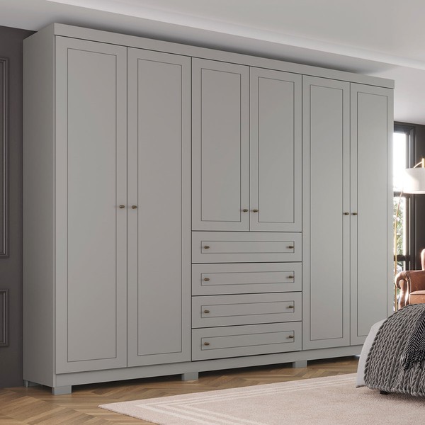 Guarda-Roupa Casal Americano 6 Portas 4 Gavetas De48 Cinza - Henn