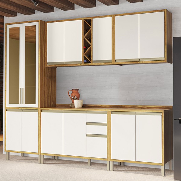 Armário de Cozinha Modulada com Balcão e Tampo 13 Portas 3 Gavetas Pérola 100% Mdf Vidro Reflecta Amêndoa/Off White - Pnr Móveis