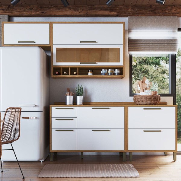 Armário de Cozinha com Balcão e Tampo 6 Portas 4 Gavetas Pérola 100% Mdf Vidro Reflecta Amêndoa/Branco - Pnr Móveis