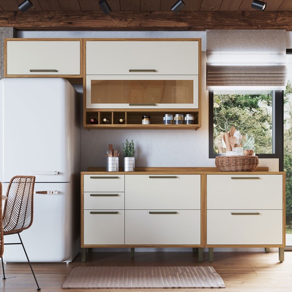 Armário de Cozinha com Balcão e Tampo 6 Portas 4 Gavetas Pérola 100% Mdf Vidro Reflecta Amêndoa/Off White - Pnr Móveis