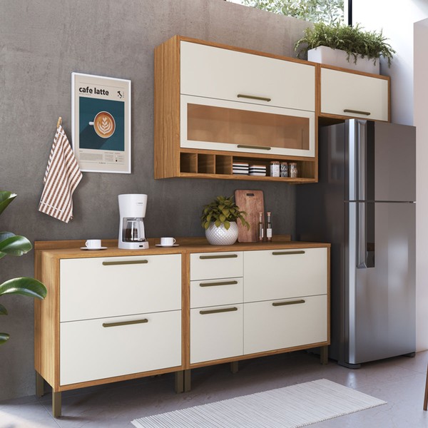 Armário de Cozinha Modulada com Balcão e Tampo 5 Portas 5 Gavetas ágata 100% Mdf Vidro Reflecta Amêndoa/Off White - Pnr Móveis