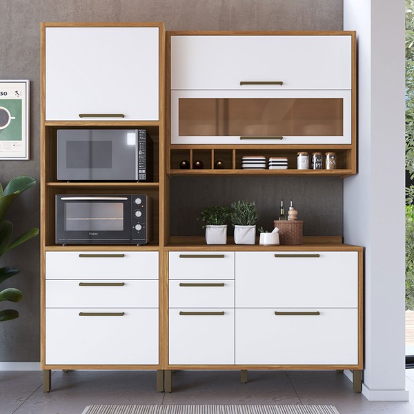 Armário de Cozinha Modulada com Balcão e Tampo 6 Portas 5 Gavetas ágata 100% Mdf Vidro Reflecta Amêndoa/Branco -Pnr Móveis