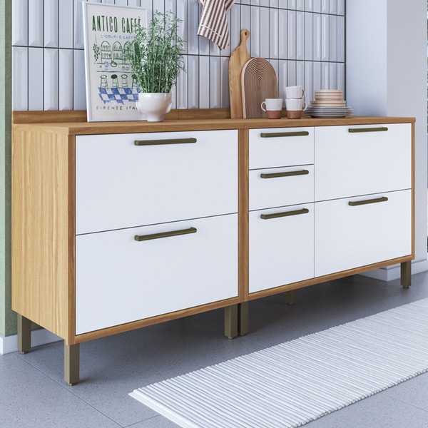 Armário de Cozinha com Balcão e Tampo 3 Portas 4 Gavetas Pérola 100% Mdf Vidro Reflecta Amêndoa/Branco - Pnr Móveis