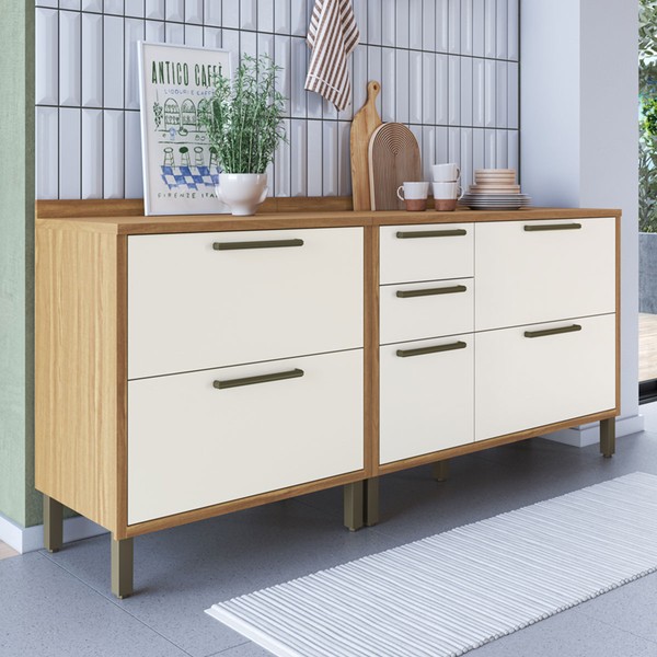 Armário de Cozinha Modulada com Balcão e Tampo 3 Portas 4 Gavetas ágata 100% Mdf Vidro Reflecta Amêndoa/Off White - Pnr Móveis