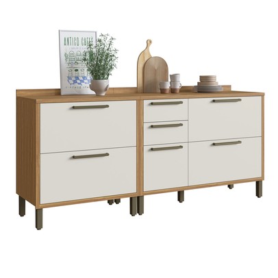 Armário de Cozinha com Balcão e Tampo 3 Portas 4 Gavetas Pérola 100% Mdf Vidro Reflecta Amêndoa/Off White - Pnr Móveis