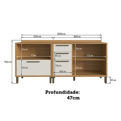 Armário de Cozinha com Balcão e Tampo 3 Portas 4 Gavetas Pérola 100% Mdf Vidro Reflecta Amêndoa/Off White - Pnr Móveis