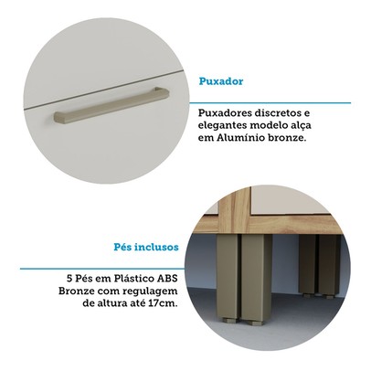 Armário de Cozinha com Balcão e Tampo 3 Portas 4 Gavetas Pérola 100% Mdf Vidro Reflecta Amêndoa/Off White - Pnr Móveis