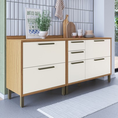 Armário de Cozinha com Balcão e Tampo 3 Portas 4 Gavetas Pérola 100% Mdf Vidro Reflecta Amêndoa/Off White - Pnr Móveis