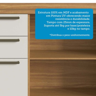 Armário de Cozinha com Balcão e Tampo 3 Portas 4 Gavetas Pérola 100% Mdf Vidro Reflecta Amêndoa/Off White - Pnr Móveis