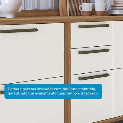 Armário de Cozinha com Balcão e Tampo 3 Portas 4 Gavetas Pérola 100% Mdf Vidro Reflecta Amêndoa/Off White - Pnr Móveis