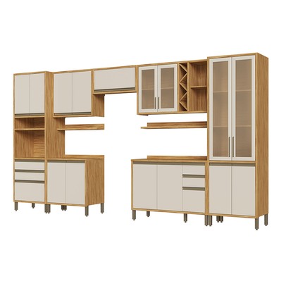 Armário de Cozinha Modulada com Balcão e Tampo 16 Portas 5 Gavetas Pérola Premium 100% Mdf Vidro Reflecta Amêndoa/Off White - Pnr Móveis