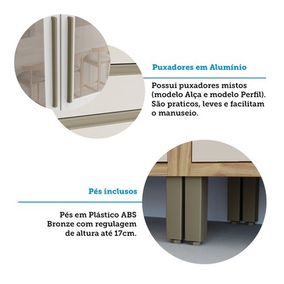 Armário de Cozinha Modulada com Balcão e Tampo 16 Portas 5 Gavetas Pérola Premium 100% Mdf Vidro Reflecta Amêndoa/Off White - Pnr Móveis