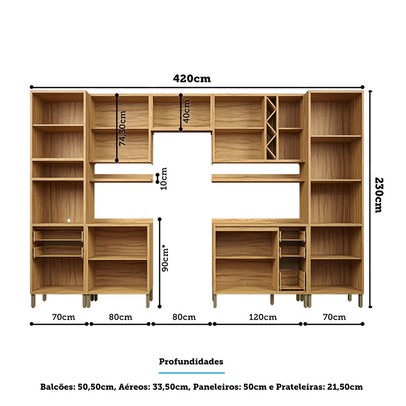Armário de Cozinha Modulada com Balcão e Tampo 16 Portas 5 Gavetas Pérola Premium 100% Mdf Vidro Reflecta Amêndoa/Off White - Pnr Móveis