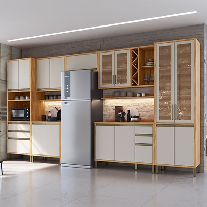 Armário de Cozinha Modulada com Balcão e Tampo 16 Portas 5 Gavetas Pérola Premium 100% Mdf Vidro Reflecta Amêndoa/Off White - Pnr Móveis