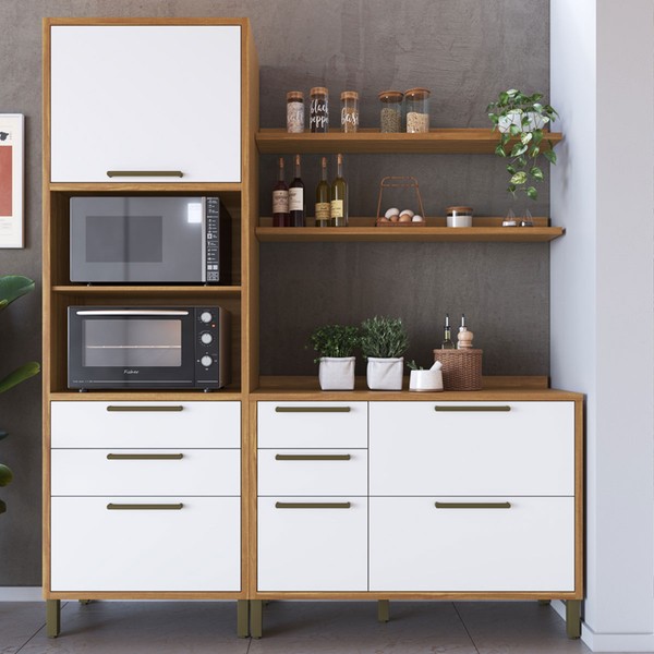 Armário de Cozinha Modulada com Balcão e Tampo 4 Portas 5 Gavetas ágata 100% Mdf Vidro Reflecta Amêndoa/Branco - Pnr Móveis