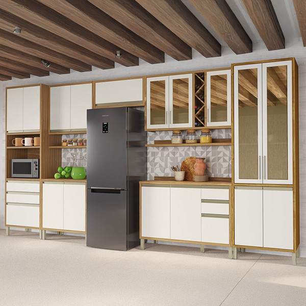 Armário de Cozinha com Balcão e Tampo 17 Portas 5 Gavetas Pérola Premium com Prateleiras 100% Mdf Vidro Reflecta Amêndoa/Off White - Pnr Móveis