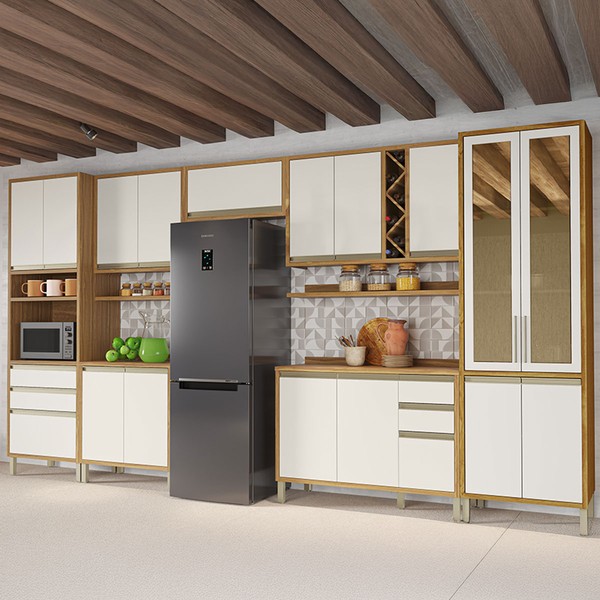 Armário de Cozinha Modulada com Balcão e Tampo 17 Portas 5 Gavetas Pérola Plus com Prateleiras 100% Mdf Vidro Reflecta Amêndoa/Off White - Pnr Móveis