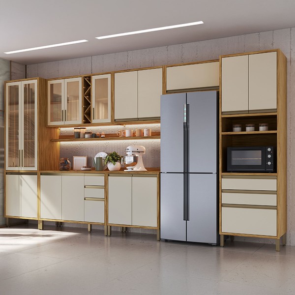 Armário de Cozinha com Balcão e Tampo 17 Portas 5 Gavetas Pérola 100% Mdf Vidro Reflecta Amêndoa/Off White - Pnr Móveis